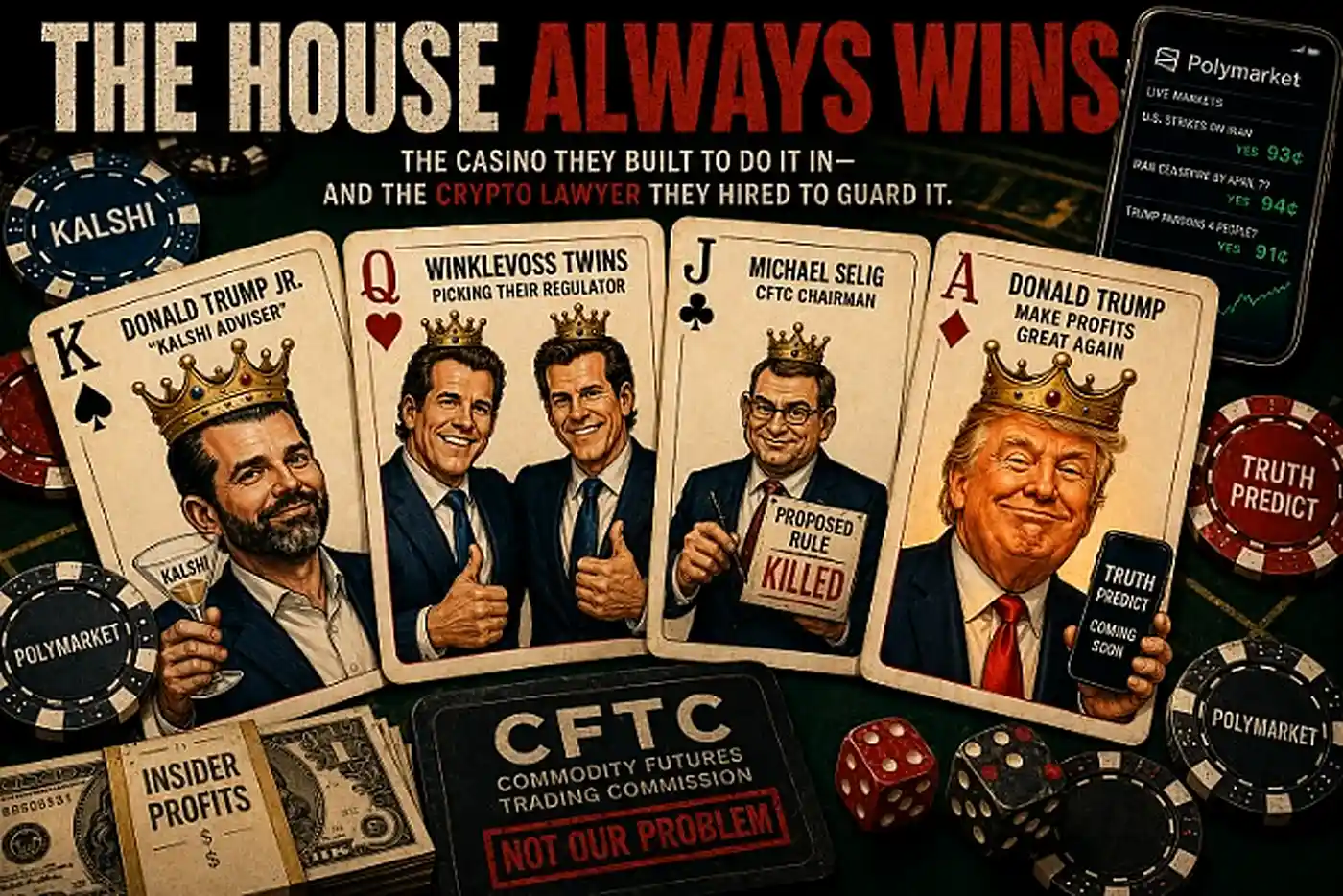 Cards depicting Donald Trump, Donald Trump Jr., the Winklevoss Twins, and CFTC Chairman Michael Selig.