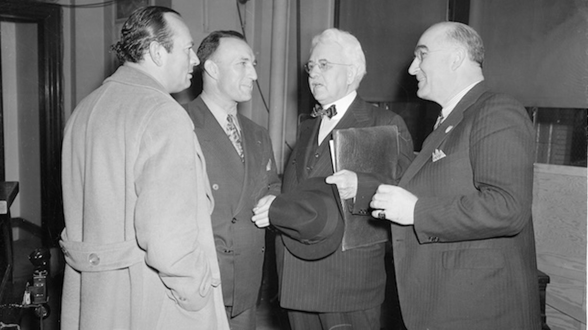Bill Bonelli, second from left, at trial with others, 1939. Bonelli family collection.
