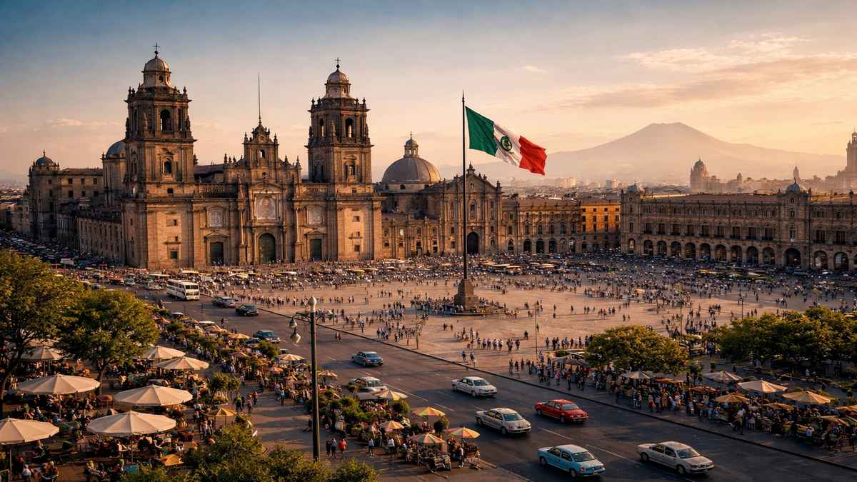 AI-generated illustration of Mexico City's historic center at night. Charlatan Magazine.