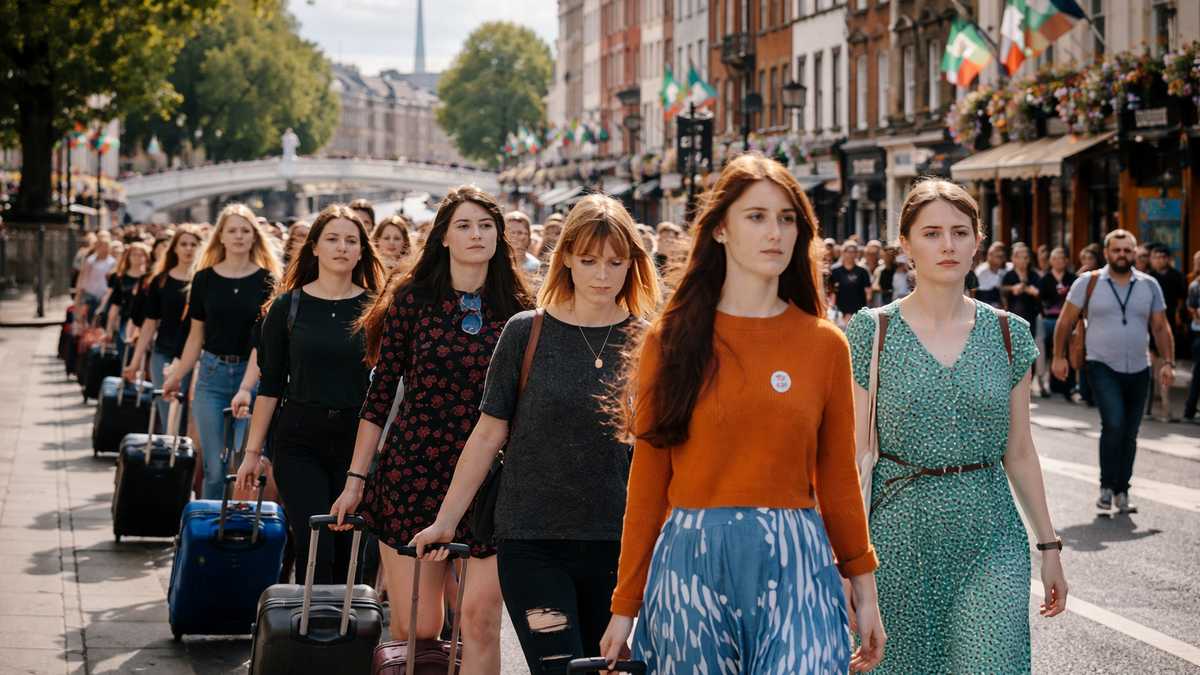 AI illustration of a line of women walking with suitcases, returning to Ireland to vote