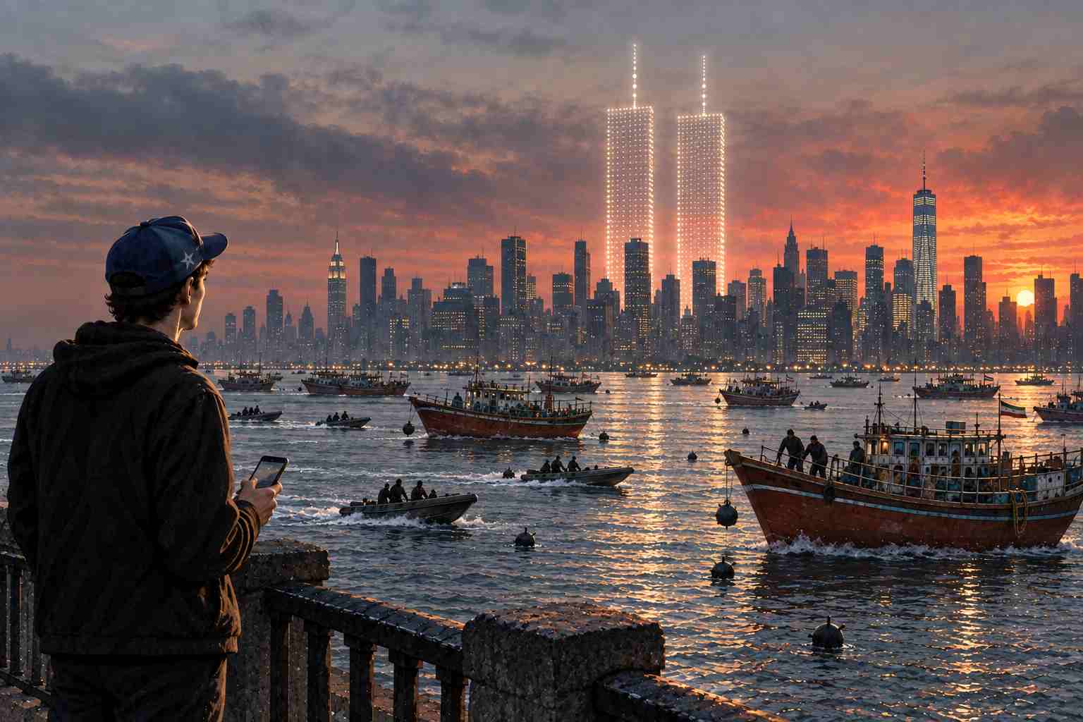 AI-generated image of a man looking across the water toward the Twin Towers outlined in tribute lights where they once stood