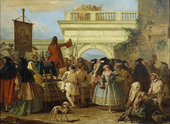 A painting of a charlatan performing before a crowd